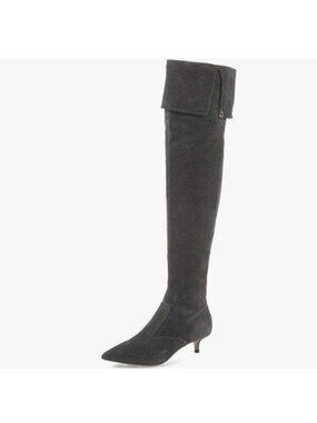 YDN Women Pointed Toe Over The Knee High Stilettos Kitten Mid Heel Grey Suede